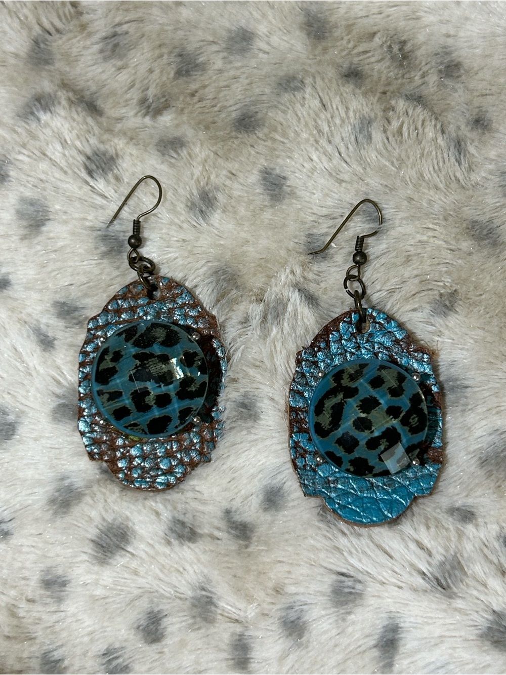 Handcrafted Leather Teal & Leopard Print Gem Drop Hook Earrings